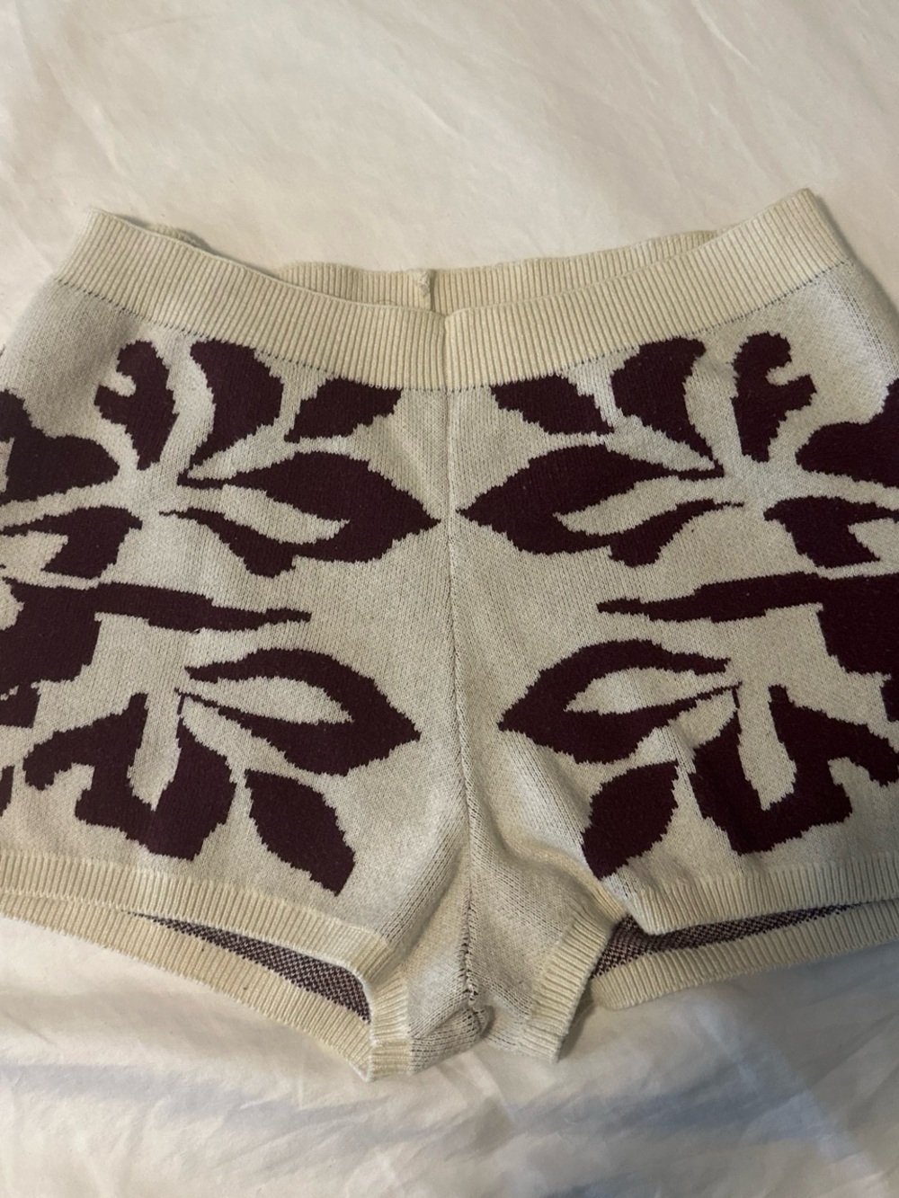 Cream and Burgundy Floral Knit Women's Shorts